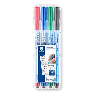STAEDTLER Folienstift Lumocolor correctable, trocken korrigierbar, F-Spitze Linienbreite ca. 0.6 mm, hohe Qualität Made in Germany, Set mit 4 Farben, 305F WP4-1 , 4 Stück (1er Pack) im Sale